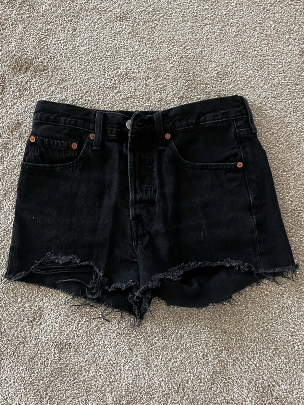 Levi's Black Denim Frayed Hem High-Rise 501 Shorts W26